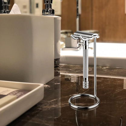 Linkidea Stainless Steel Razor Stand - Deluxe Men's Travel Shaver Holder for Long Handle Safety Razors, Fusion 5, ProShield, NFL Series (Silver/Polished Chrome)