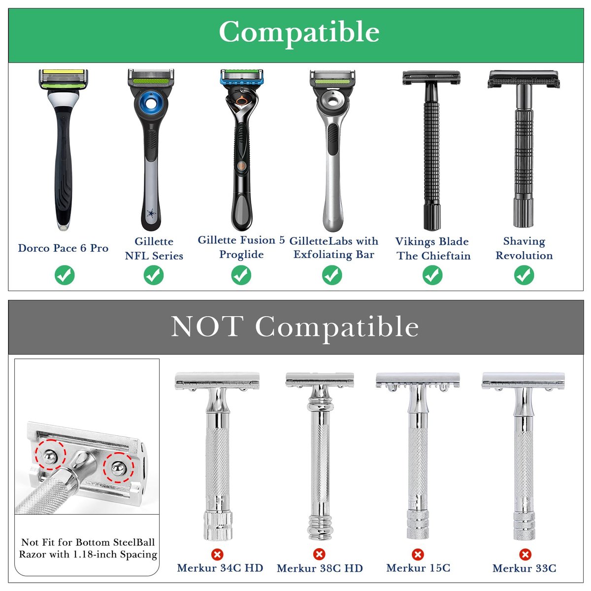 Linkidea Stainless Steel Razor Stand - Deluxe Men's Travel Shaver Holder for Long Handle Safety Razors, Fusion 5, ProShield, NFL Series (Silver/Polished Chrome) - görsel 3