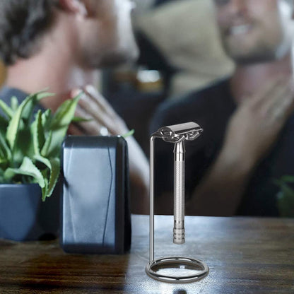 Linkidea Stainless Steel Razor Stand - Deluxe Men's Travel Shaver Holder for Long Handle Safety Razors, Fusion 5, ProShield, NFL Series (Silver/Polished Chrome)