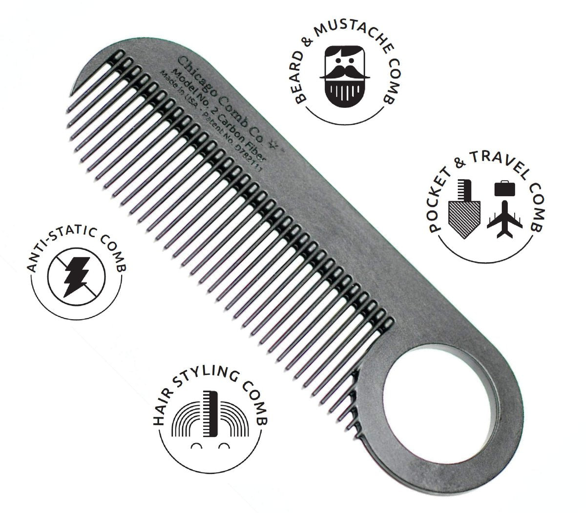 Chicago Comb Model 2 Carbon Fiber Comb – Anti-Static Fine-Tooth Comb for Thinner Hair, Beard & Mustache – Made in USA – 4 Inches (10 cm) – Pocket & Travel Size - görsel 11