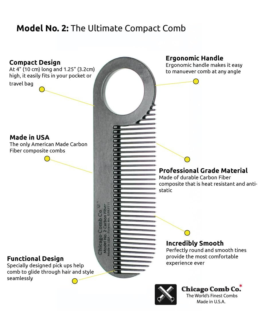 Chicago Comb Model 2 Carbon Fiber Comb – Anti-Static Fine-Tooth Comb for Thinner Hair, Beard & Mustache – Made in USA – 4 Inches (10 cm) – Pocket & Travel Size - görsel 13