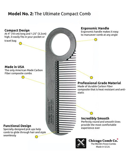 Chicago Comb Model 2 Carbon Fiber Comb – Anti-Static Fine-Tooth Comb for Thinner Hair, Beard & Mustache – Made in USA – 4 Inches (10 cm) – Pocket & Travel Size