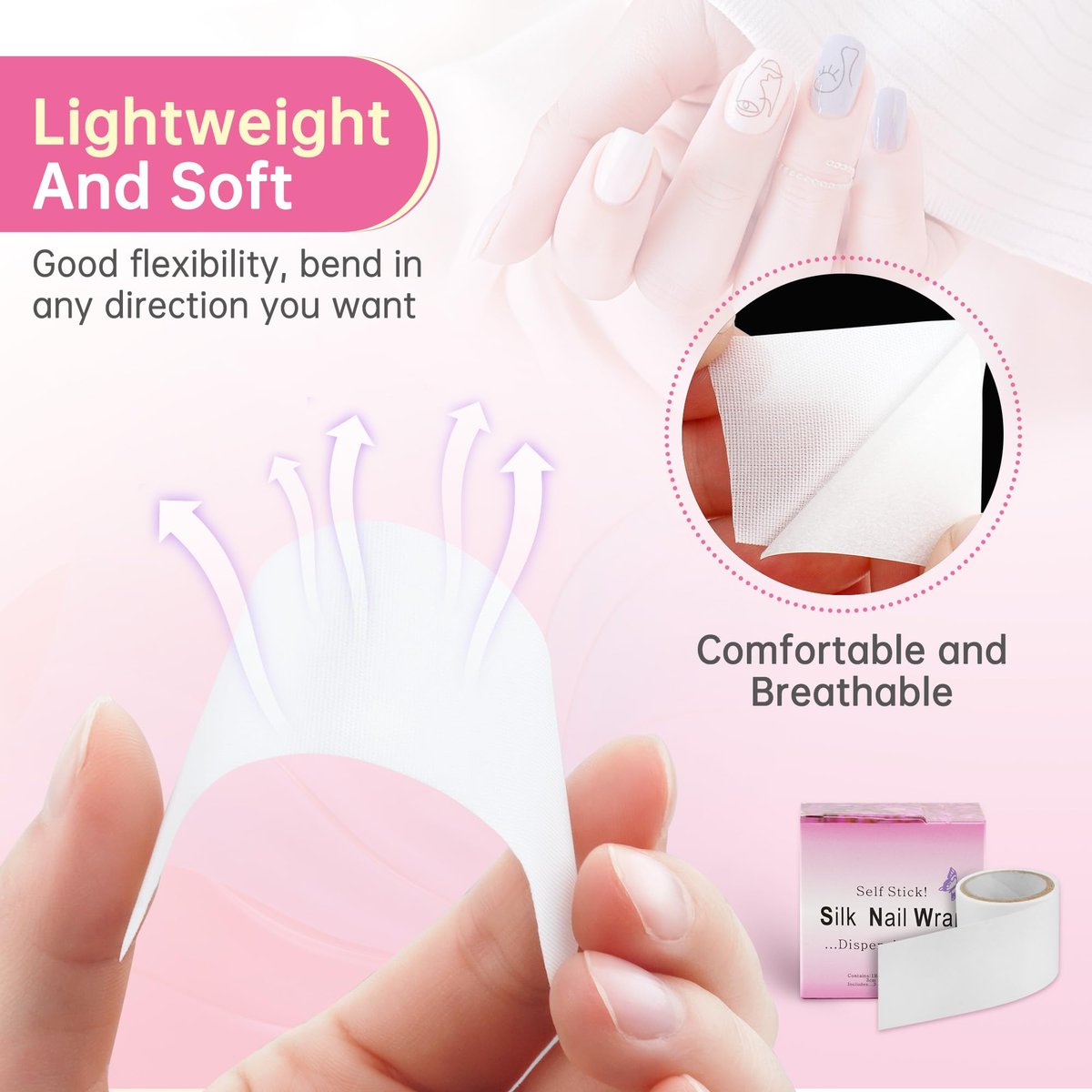 Chrontier Silk Nail Wrap - Instant Reinforce Repair Bandage Tape for UV Gel & Acrylic Nail Art Extension - Self-Adhesive, Easy Trimmerable Fiberglass Silk Wrap - Professional Manicure Tool (White, 1.2" x 39.4") - görsel 4