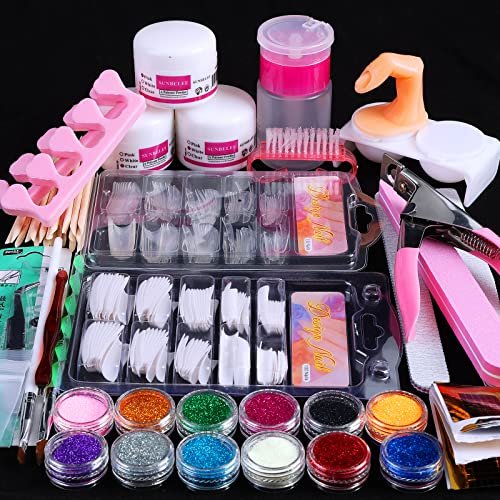 SUNBELEE Acrylic Nail Kit for Beginners with Everything - 259 Piece Complete DIY Nail Extension Set with 3 Base Colors & 12 Glitter Powders, No UV Lamp Needed, Salon-Quality Manicure Gift Box for Women and Girls Avelisse