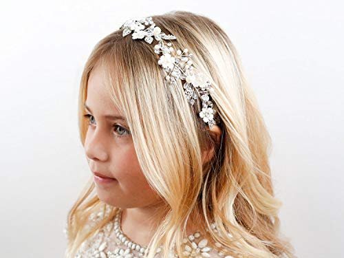 SWEETV Ivory Tulle Flower Girl Headpiece – Pearl Princess Wedding Headband for Girls, Birthday Party, First Communion Avelisse