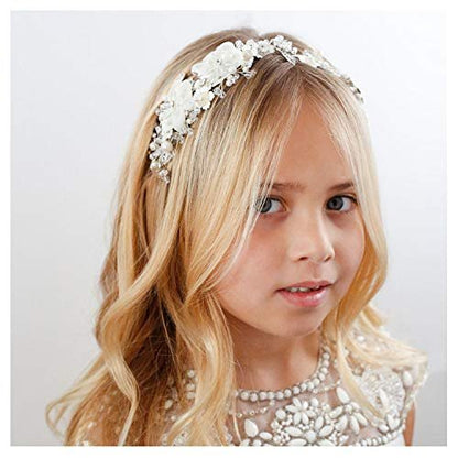 SWEETV Ivory Tulle Flower Girl Headpiece – Pearl Princess Wedding Headband for Girls, Birthday Party, First Communion Avelisse