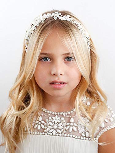 SWEETV Ivory Tulle Flower Girl Headpiece – Pearl Princess Wedding Headband for Girls, Birthday Party, First Communion Avelisse