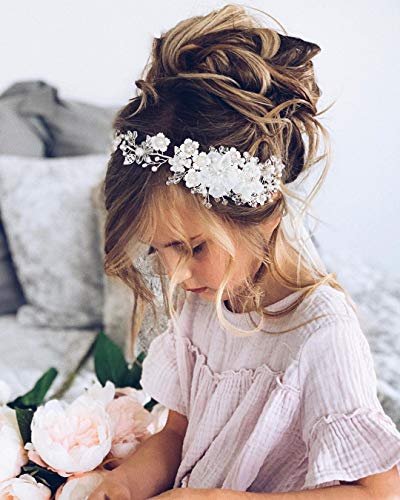 SWEETV Ivory Tulle Flower Girl Headpiece – Pearl Princess Wedding Headband for Girls, Birthday Party, First Communion Avelisse