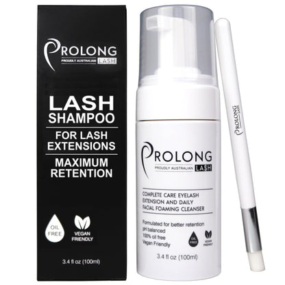 PROLONG LASH Eyelash Extension Shampoo & Brush - Gentle Foaming Cleanser for Lash Extensions and Natural Lashes - 100ml/3.4 Fl Oz - Paraben & Sulphate Free - Safe Daily Makeup Remover for Salon & Home Use Avelisse