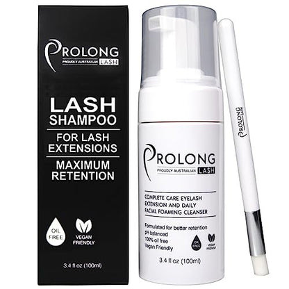 PROLONG LASH Eyelash Extension Shampoo & Brush - Gentle Foaming Cleanser for Lash Extensions and Natural Lashes - 100ml/3.4 Fl Oz - Paraben & Sulphate Free - Safe Daily Makeup Remover for Salon & Home Use Avelisse
