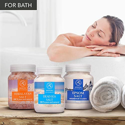 AROMATIKA Bath Salts Set 42 Oz – Epsom Salt, Himalayan Pink Salt & Dead Sea Salt – 100% Pure & Natural – for Relaxation, Sleep & Muscle Relief