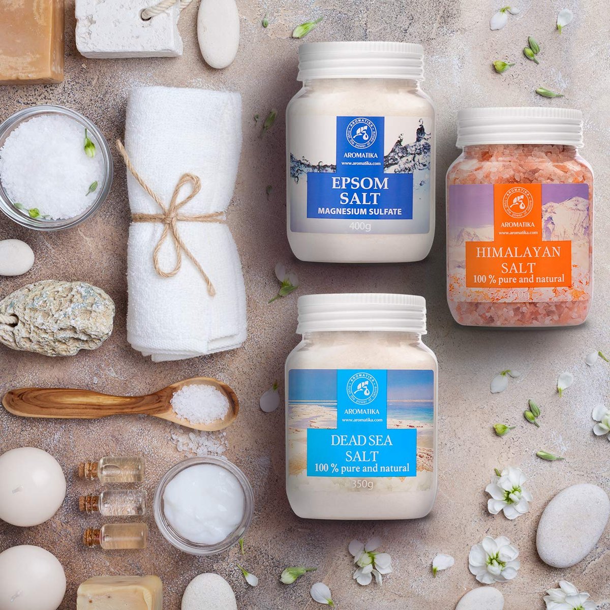 AROMATIKA Bath Salts Set 42 Oz – Epsom Salt, Himalayan Pink Salt & Dead Sea Salt – 100% Pure & Natural – for Relaxation, Sleep & Muscle Relief - görsel 3