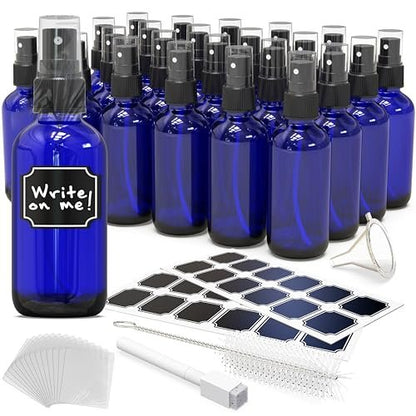 Nevlers Blue Glass Spray Bottles 4 Oz (24 Pack) - Mini Spray Bottle Set with Labels, Marker, Funnel, Brush & Wrap Avelisse