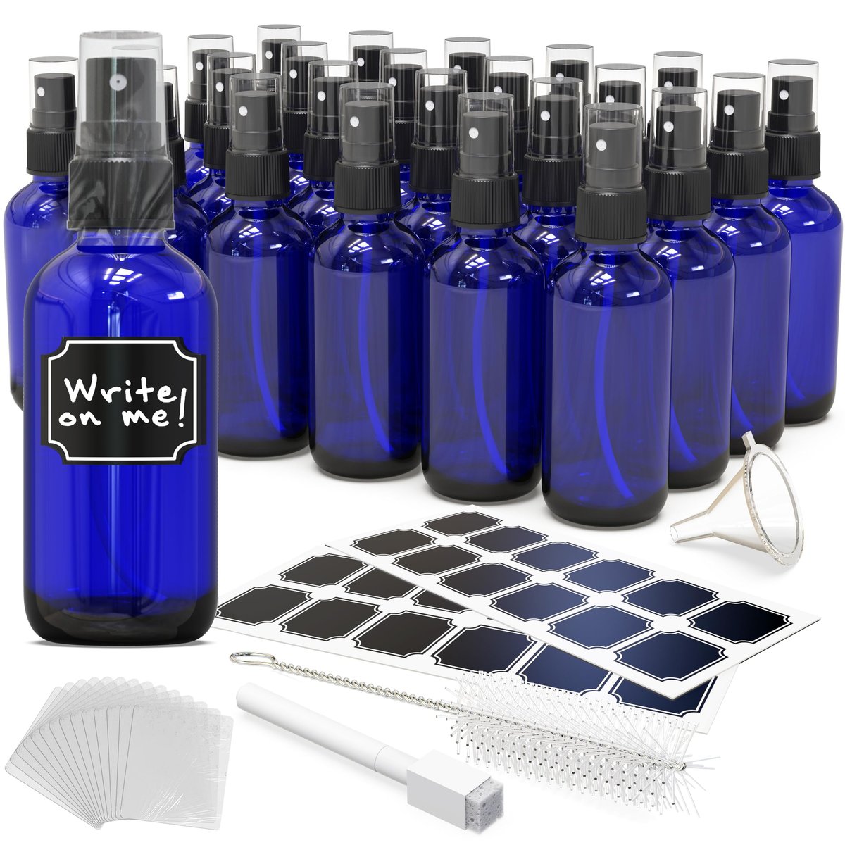 Nevlers Blue Glass Spray Bottles 4 Oz (24 Pack) - Mini Spray Bottle Set with Labels, Marker, Funnel, Brush & Wrap Avelisse