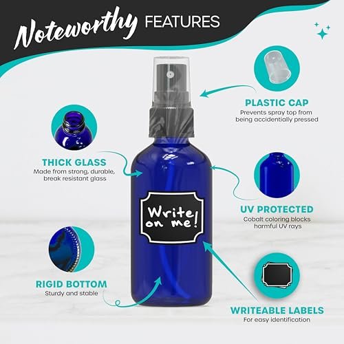 Nevlers Blue Glass Spray Bottles 4 Oz (24 Pack) - Mini Spray Bottle Set with Labels, Marker, Funnel, Brush & Wrap Avelisse