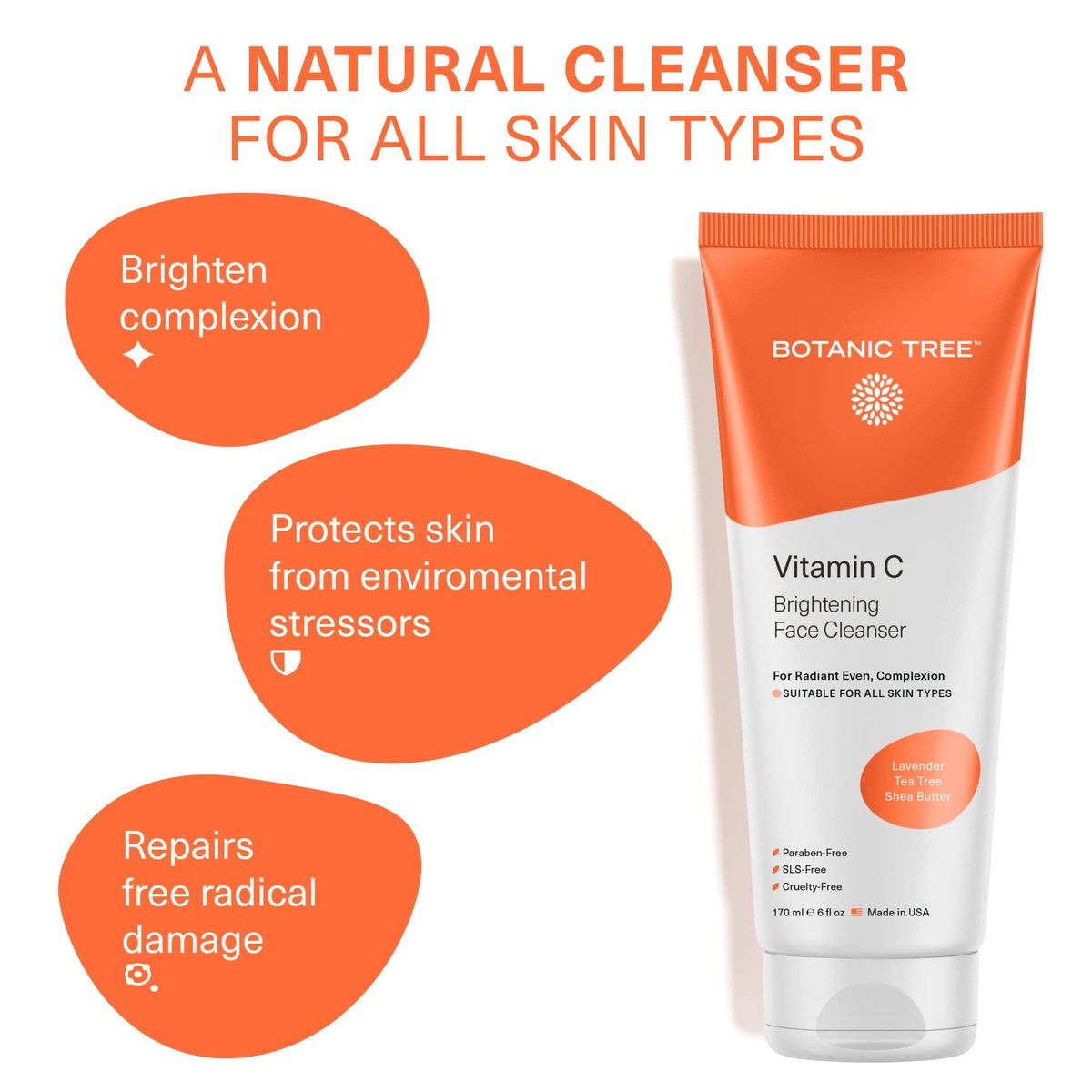 Botanic Tree Vitamin C Face Wash - Brightening Facial Cleanser for All Skin Types - Reduces Acne Scars, Wrinkles, and Breakouts - 6 Fl Oz Avelisse