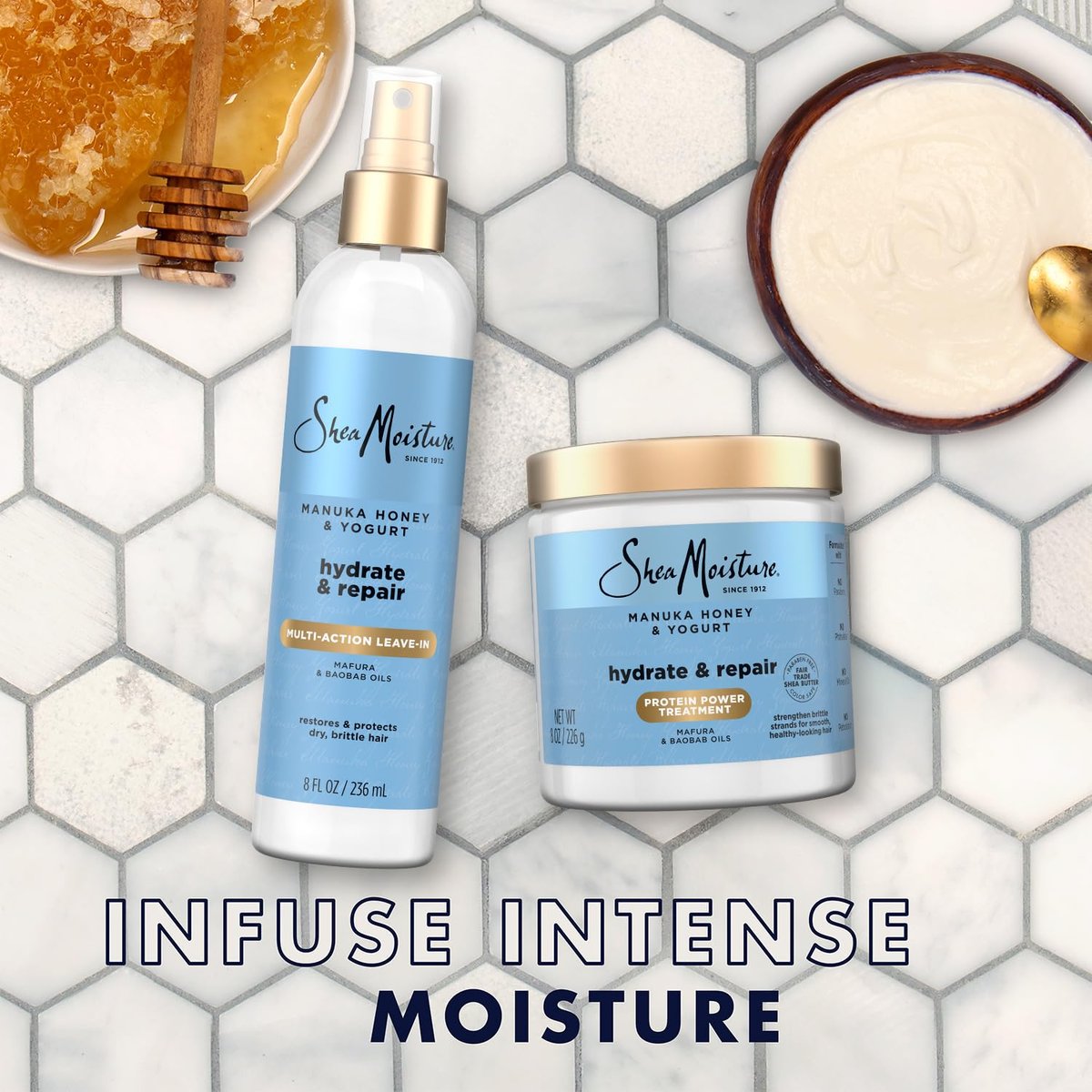 SheaMoisture Manuka Honey & Yogurt Multi-Action Leave-in Conditioner + Protein Power Treatment for Hair Repair, Frizz Control, 8 oz Each, for Curly, Damaged Hair Avelisse