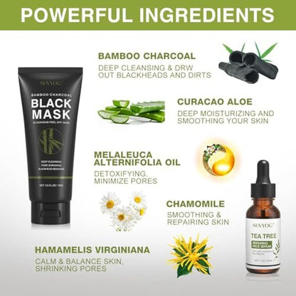 SHVYOG Blackhead Peel Off Face Mask with Brush & Tea Tree Oil Serum – 3-in-1 Charcoal Mask for Deep Cleansing, Pores & Oil Control (100g+30ml)