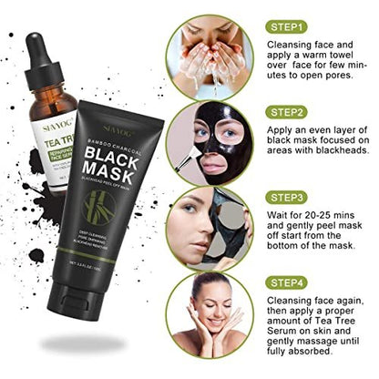SHVYOG Blackhead Peel Off Face Mask with Brush & Tea Tree Oil Serum – 3-in-1 Charcoal Mask for Deep Cleansing, Pores & Oil Control (100g+30ml)