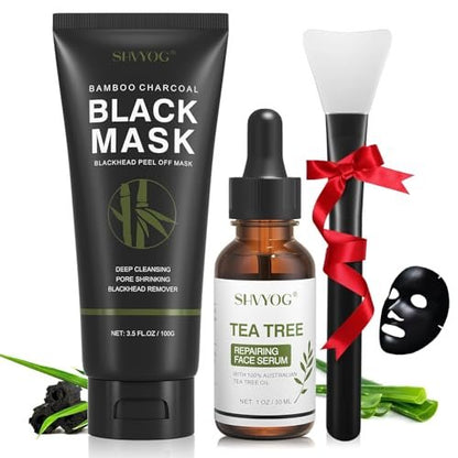 SHVYOG Blackhead Peel Off Face Mask with Brush & Tea Tree Oil Serum – 3-in-1 Charcoal Mask for Deep Cleansing, Pores & Oil Control (100g+30ml)