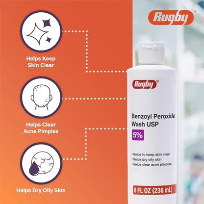 Rugby Benzoyl Peroxide Wash USP 5% - Acne Treatment for Oily Skin, 8 Fl. Oz.
