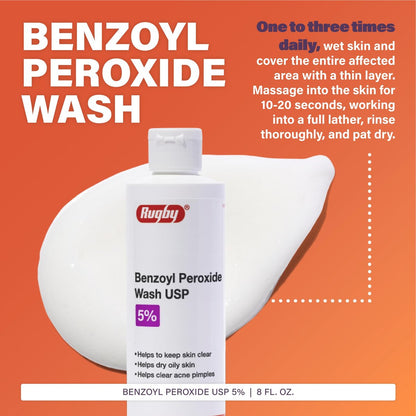 Rugby Benzoyl Peroxide Wash USP 5% - Acne Treatment for Oily Skin, 8 Fl. Oz.