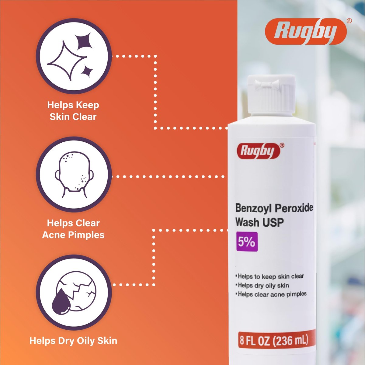 Rugby Benzoyl Peroxide Wash USP 5% - Acne Treatment for Oily Skin, 8 Fl. Oz. - görsel 5