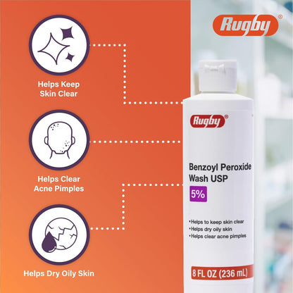 Rugby Benzoyl Peroxide Wash USP 5% - Acne Treatment for Oily Skin, 8 Fl. Oz.