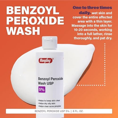 Rugby Benzoyl Peroxide Wash USP 5% - Acne Treatment for Oily Skin, 8 Fl. Oz.