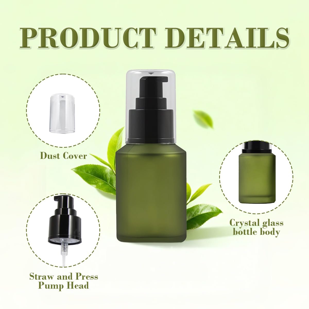 60ml/2oz Empty Refillable Green Frosted Glass Bottle with Pump – Travel Size Cosmetic Dispenser - görsel 3