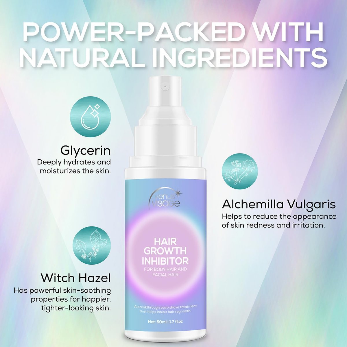 VENUS VISAGE Hair Inhibitor 50ml - Upgraded Non-Irritating Hair Growth Spray for Face, Body, Arms, Armpits, Legs | Men & Women Avelisse