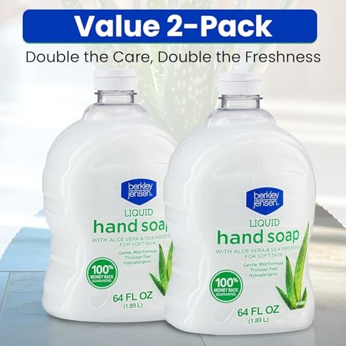 Berkley Jensen Liquid Hand Soap Refills with Aloe Vera - 64 oz Bottle (Pack of 2) - Hypoallergenic Scented Hand Wash with Silk Protein for Soft Hands - Paraben Free Hand Soap for Daily Use Avelisse
