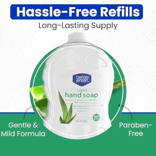 Berkley Jensen Liquid Hand Soap Refills with Aloe Vera - 64 oz Bottle (Pack of 2) - Hypoallergenic Scented Hand Wash with Silk Protein for Soft Hands - Paraben Free Hand Soap for Daily Use Avelisse
