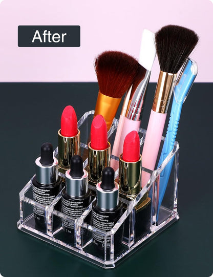 MOSIKER Clear Acrylic Lipstick Lip Gloss Organizer - Compact 9-Slot Cosmetic Holder for Essential Oils, Rollerballs & Perfumes