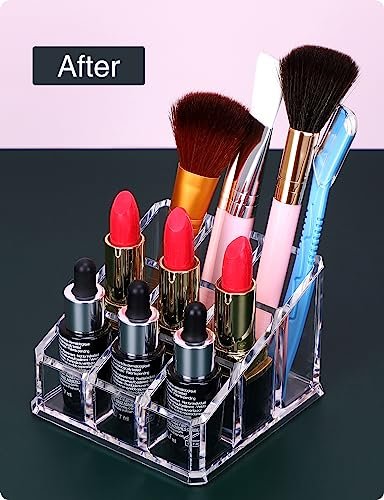 MOSIKER Clear Acrylic Lipstick Lip Gloss Organizer - Compact 9-Slot Cosmetic Holder for Essential Oils, Rollerballs & Perfumes