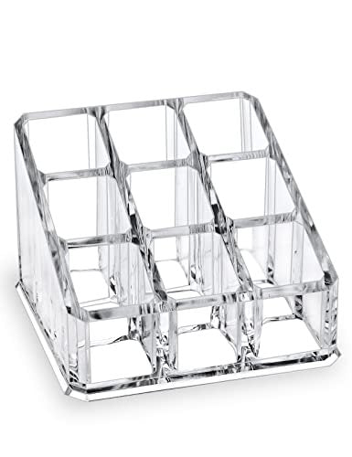 MOSIKER Clear Acrylic Lipstick Lip Gloss Organizer - Compact 9-Slot Cosmetic Holder for Essential Oils, Rollerballs & Perfumes