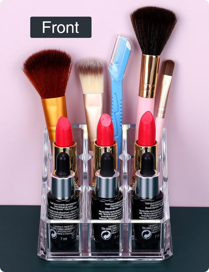 MOSIKER Clear Acrylic Lipstick Lip Gloss Organizer - Compact 9-Slot Cosmetic Holder for Essential Oils, Rollerballs & Perfumes