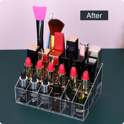 MOSIKER Lipstick Organizer - Small Clear Plastic 24-Slot Cosmetic Storage for Lip Gloss, Chapstick, Perfume Samples, and Mascara
