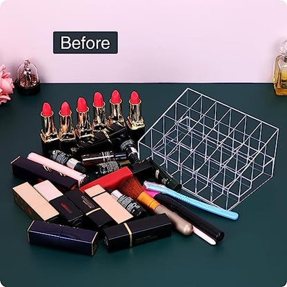 MOSIKER Lipstick Organizer - Small Clear Plastic 24-Slot Cosmetic Storage for Lip Gloss, Chapstick, Perfume Samples, and Mascara