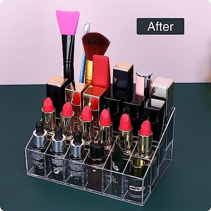 MOSIKER Lipstick Organizer - Small Clear Plastic 24-Slot Cosmetic Storage for Lip Gloss, Chapstick, Perfume Samples, and Mascara