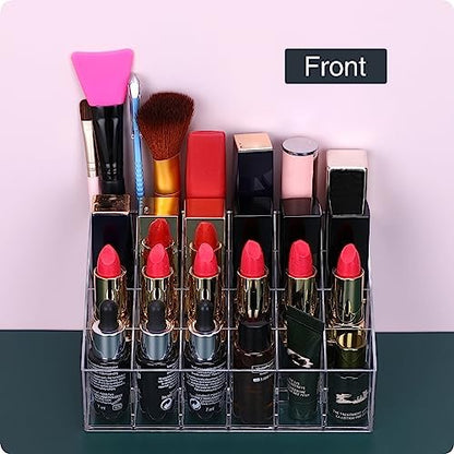 MOSIKER Lipstick Organizer - Small Clear Plastic 24-Slot Cosmetic Storage for Lip Gloss, Chapstick, Perfume Samples, and Mascara