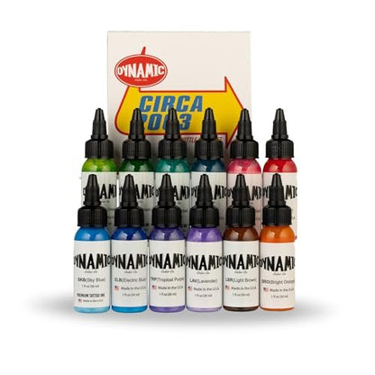 Dynamic Color Co - Circa Color Set 1oz: 12 Vibrant Tattoo Inks (Electric Blue, Sky Blue, Teal, Turquoise, Bright Orange, Light Brown, Lime Green, Leaf Green, Tropical Purple, Lavender, Hot Pink, Bubble Gum Pink) Avelisse