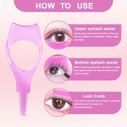 2-Pack 3-in-1 Mascara Tool: Eyelash Shield, Applicator Guide, and Comb Brush for Flawless Lashes (Pink & Blue)