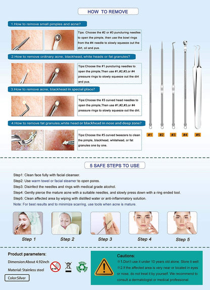 Professional Blackhead Remover Tool Kit - 5-Piece Stainless Steel Comedone Extractor Set for Acne, Pimple, and Blemish Removal