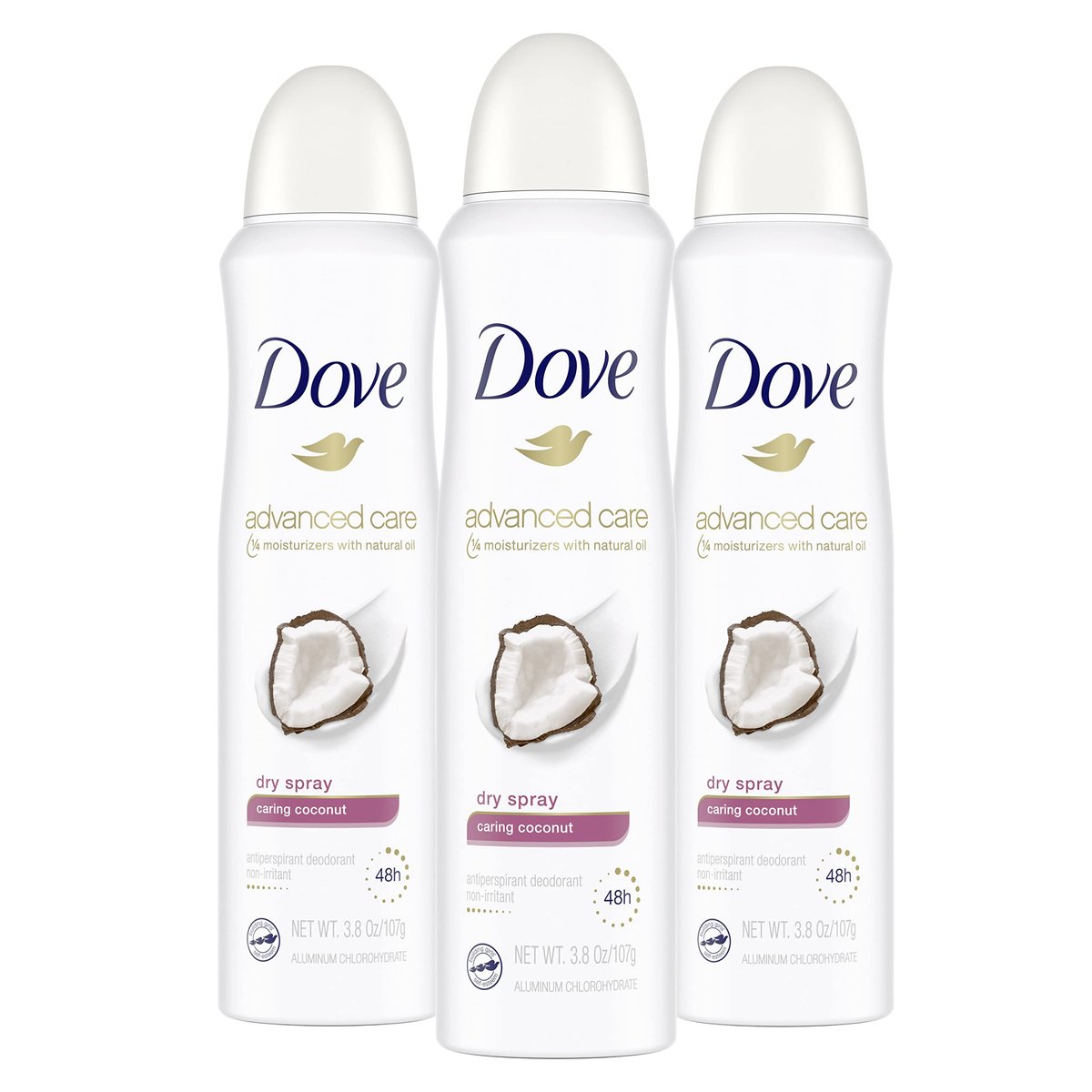 Dove Advanced Care Dry Spray Antiperspirant Deodorant Caring Coconut, 48-Hour Protection, 3.8 oz (Pack of 3) Avelisse