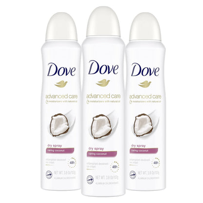 Dove Advanced Care Dry Spray Antiperspirant Deodorant Caring Coconut, 48-Hour Protection, 3.8 oz (Pack of 3) Avelisse