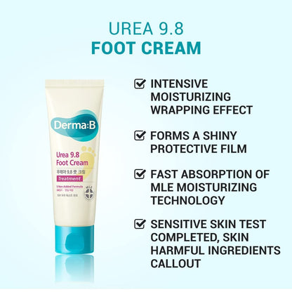 Derma B Urea 9.8% Foot Cream – Intensive Moisture for Dry, Cracked Heels | Hypoallergenic with Camellia Oil, 2.7 fl oz
