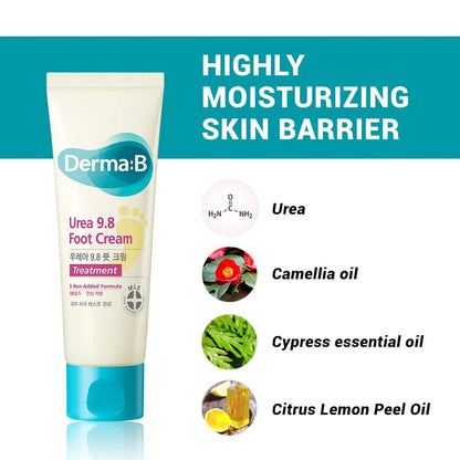 Derma B Urea 9.8% Foot Cream – Intensive Moisture for Dry, Cracked Heels | Hypoallergenic with Camellia Oil, 2.7 fl oz
