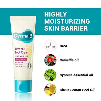 Derma B Urea 9.8% Foot Cream – Intensive Moisture for Dry, Cracked Heels | Hypoallergenic with Camellia Oil, 2.7 fl oz