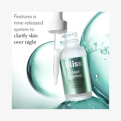 Bliss Clear Genius Clarifying Overnight Liquid Peel - 1 Fl Oz - Non-Irritating Exfoliating Night Treatment for Clear Pores, Vegan & Cruelty-Free
